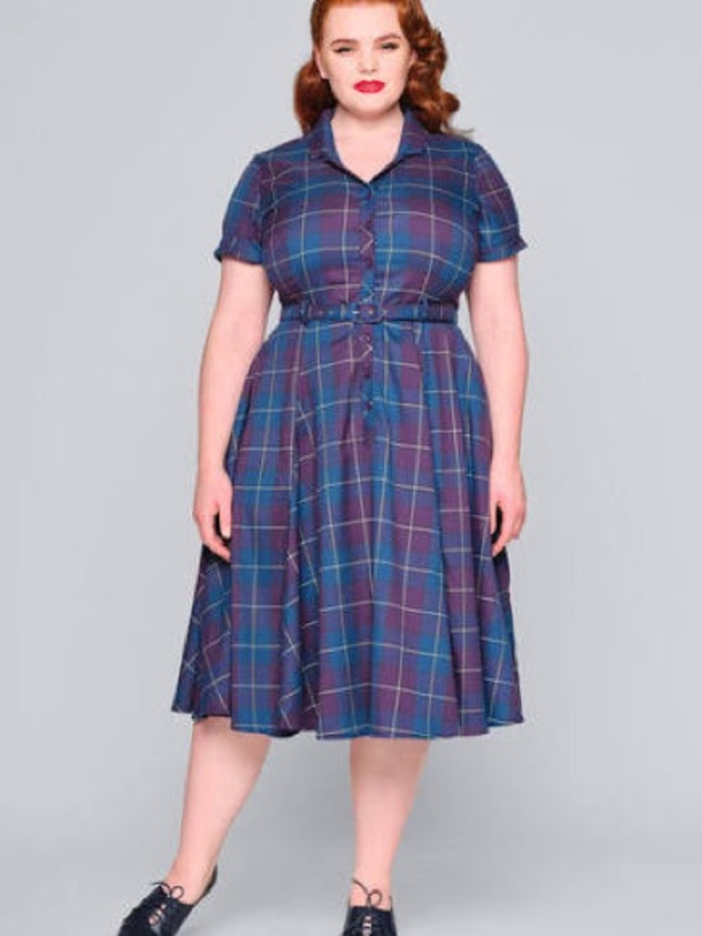 Collectif Caterina Mermaid Check Blue & Purple Plaid Shirtwaist Dress 22UK/18US